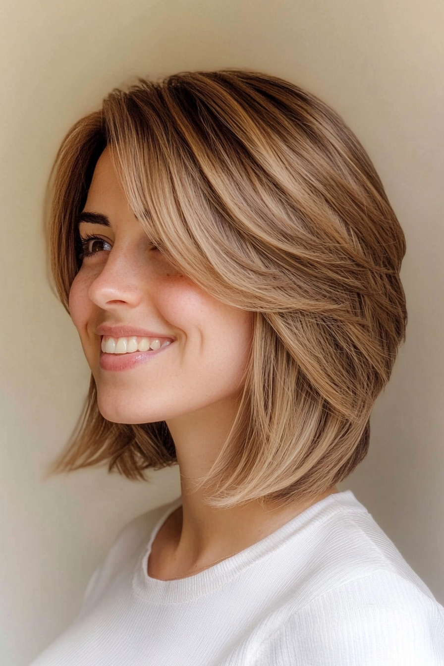 14. Keil geschnitten mit hellbrauner Weichheit (kurze Haarschnitte mit Vorhang Pony) - kurze Haarschnitte mit Vorhangstücken