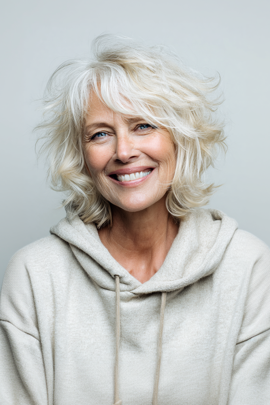 14. White -Blonde Federed Shag (kurze zottelige Frisuren für Frauen über 60) - kurze zottelige Frisuren für Frauen über 60