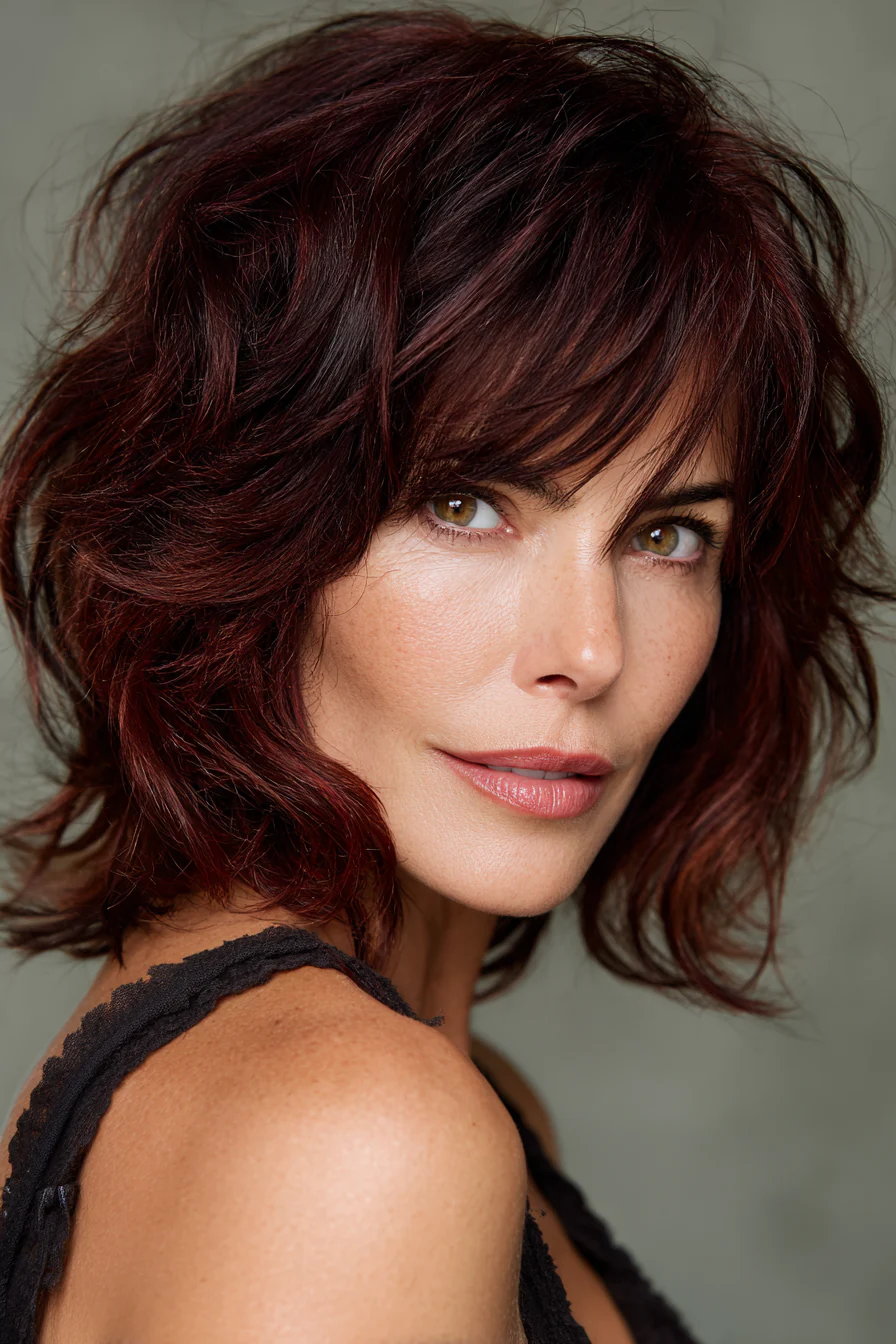 14. Hauchdünne Schichten mit dunklem Auburn (Schulterlange Stufenhaarschnitte für Frauen über 50) – Schulterlange Stufenhaarschnitte für Frauen über 50 