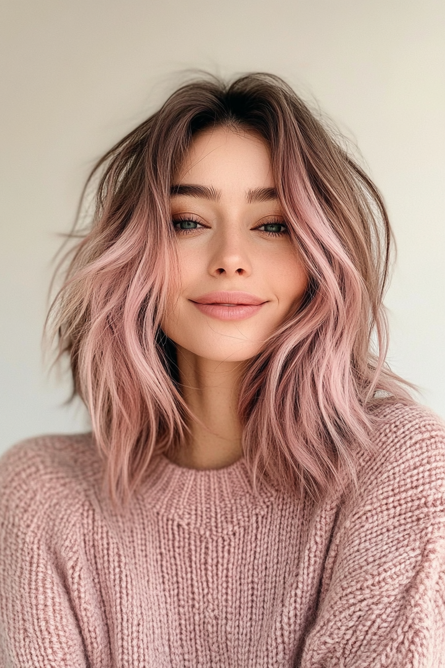 14. Wispy Lob mit staubiger Rosenbalayage (Haarbeinlängenlänge) - Hackerlänge mit Trottel