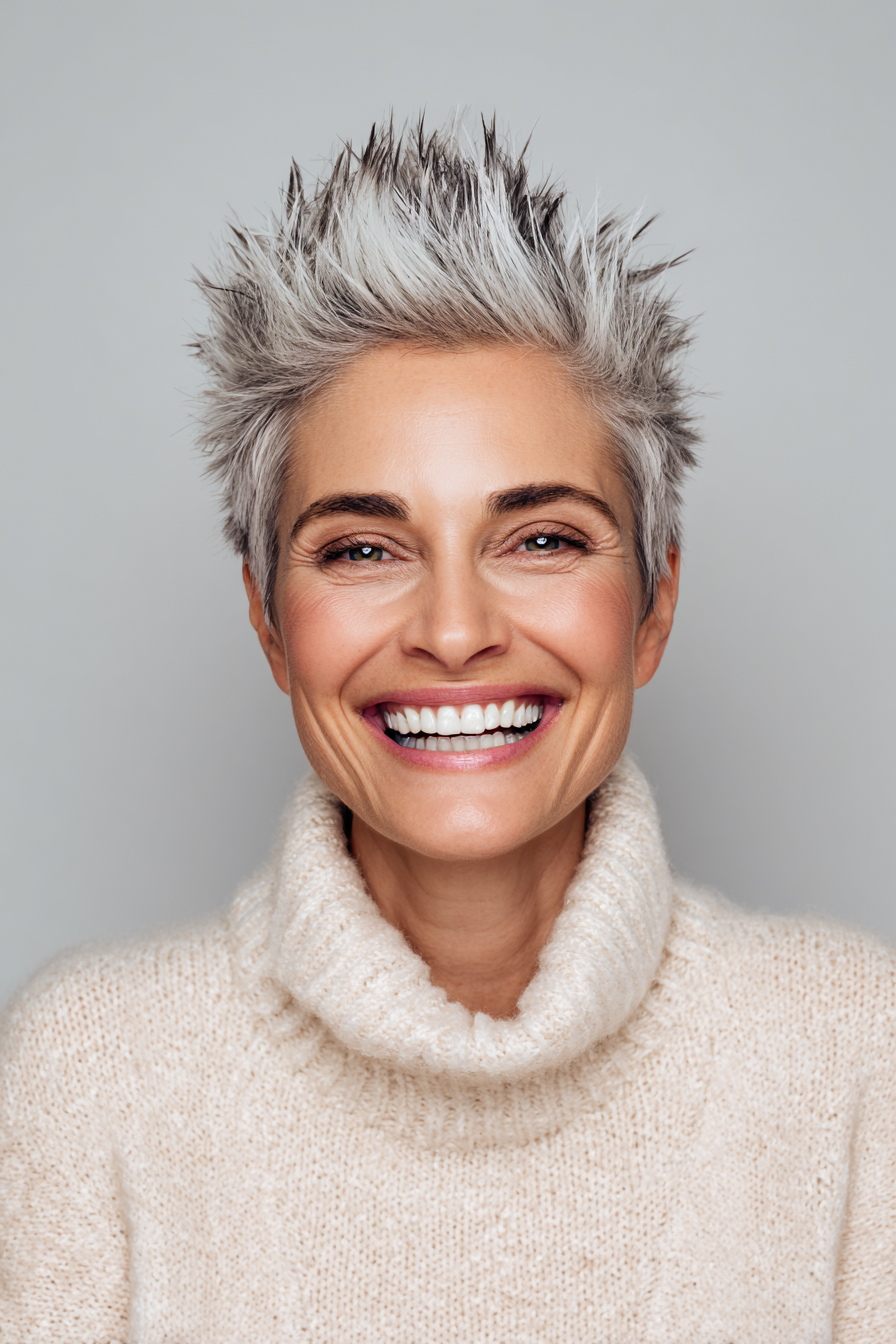 15. Brünette Pixie mit gefrosteten Tipps (kurze, stachelige Frisuren für Frauen über 60) - kurze Spiky -Frisuren für Frauen über 60