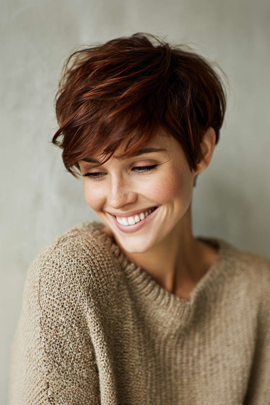 15. Kastaniennusswinkelpixie (Pixie -Frisuren für Frauen über 40) - Pixie -Frisuren für Frauen über 40