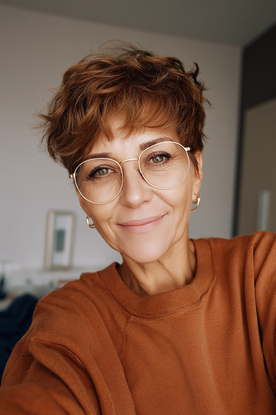 15. Kastanienpixie mit Pony (kurze Frisuren für Frauen über 50 mit Brillen) - kurze Frisuren für Frauen über 50 mit Brillen