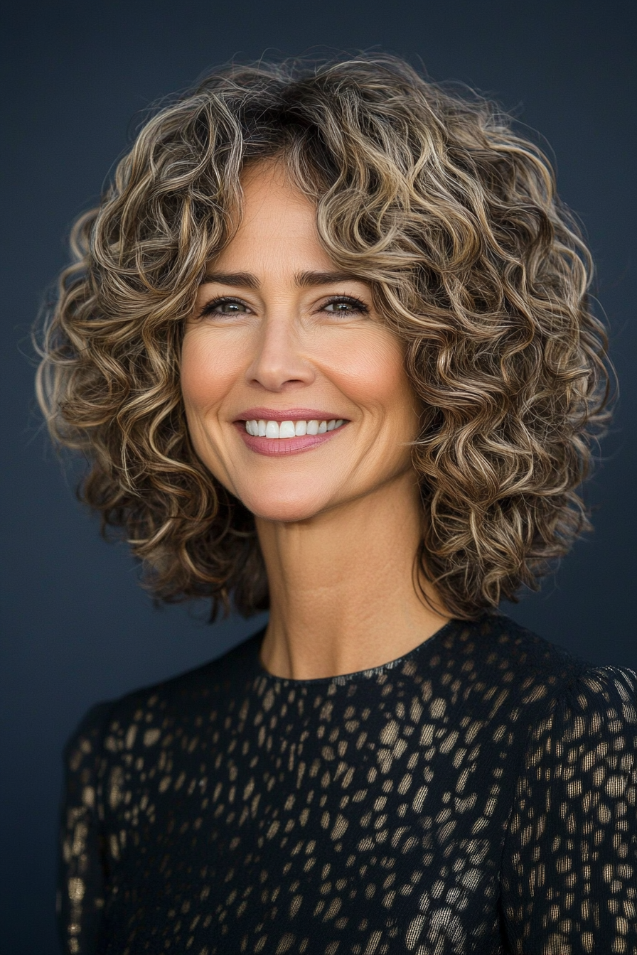 15. Kinnlänge gerundet mit dunkler Blondine (Haarschnitte für Frauen über 50 mit lockigem Haar) - Haarschnitte für Frauen über 50 mit lockigem Haar