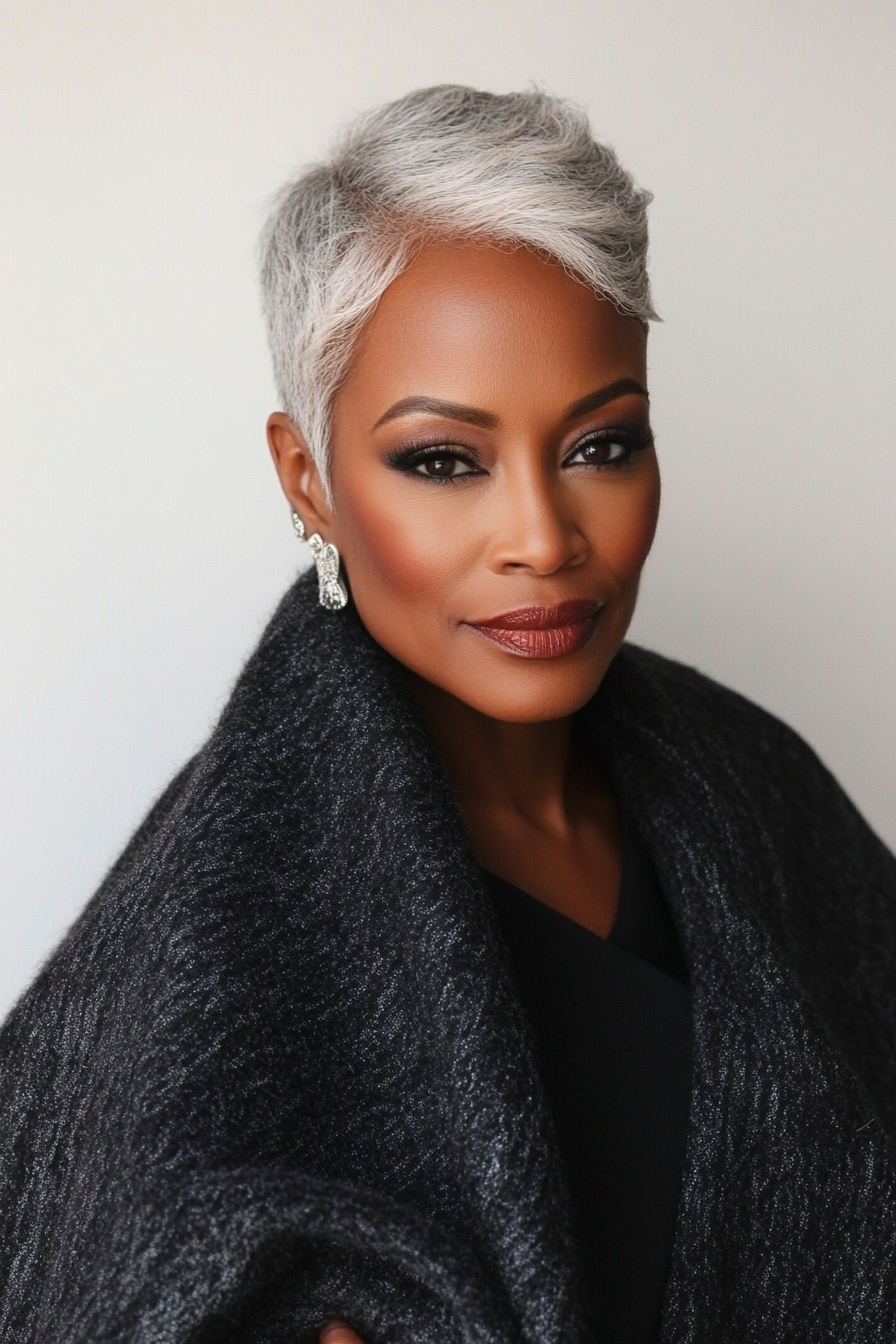 15. Klassischer Pixie mit Silbermischung (Pixie-Haarschnitte für schwarze Frauen über 60) – Pixie-Haarschnitte für schwarze Frauen über 60