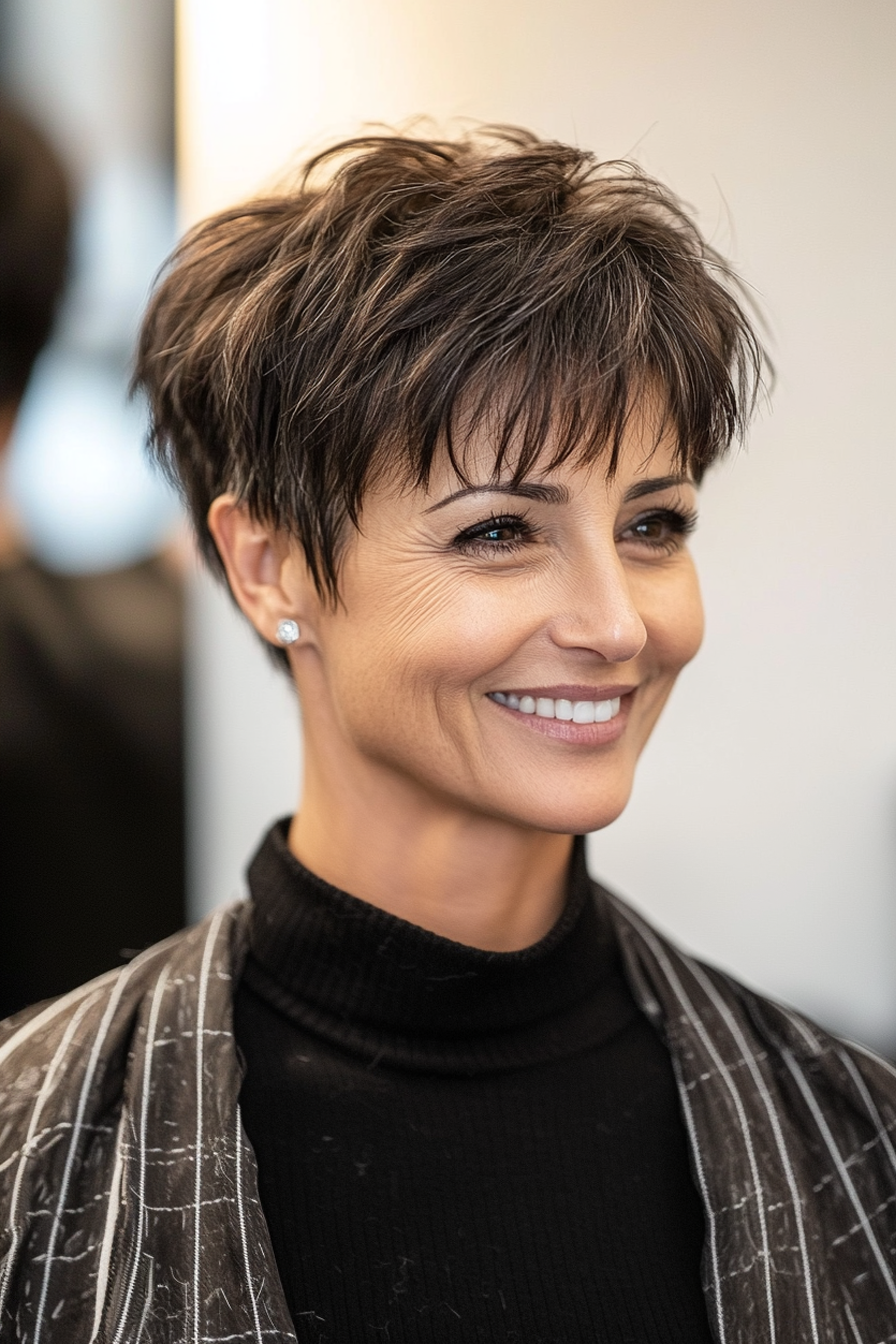 15. Coole brünette Fringe -Pixie (lange Pixie -Haarschnitte für ältere Frauen) - Lange Pixie -Haarschnitte für ältere Frauen