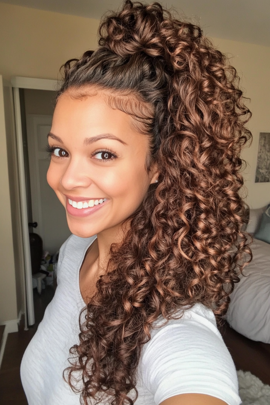 15. Curly High Ponytail in mittelbrauner (Pferdeschwanzfrisuren Frauen über 40) - Pferdeschwanzfrisuren Frauen über 40