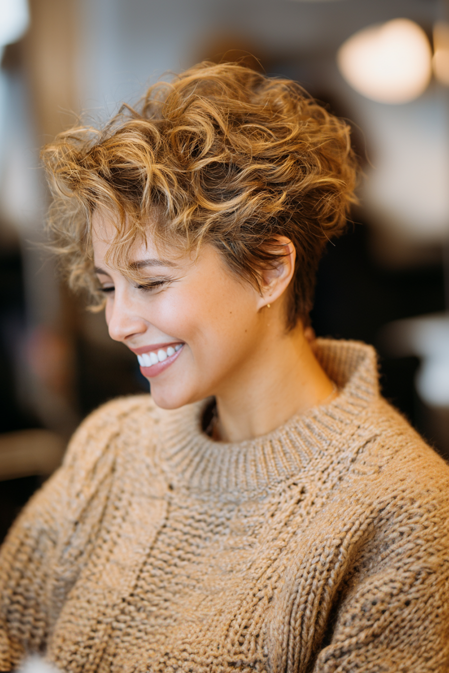 15. Curly Pixie mit Honigblonden Highlights (Pixie Frisuren) - Pixie -Frisuren