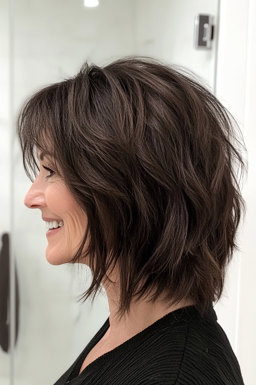 15. Dunkelbraun, zermürbter Shag (schicke Frisuren für Frauen über 50) - schicke Frisuren für Frauen über 50