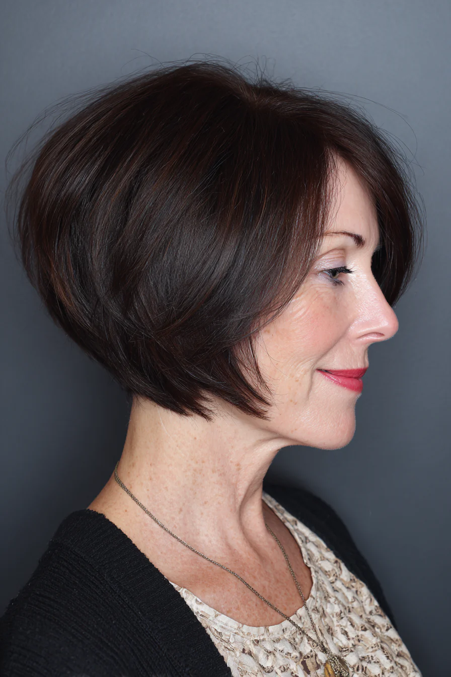 15. Dark Chocolate Wedge Cut (Kurzhaarfrisuren für Frauen über 40 mit dünnem Haar) – Kurzhaarfrisuren für Frauen über 40 mit dünnem Haar