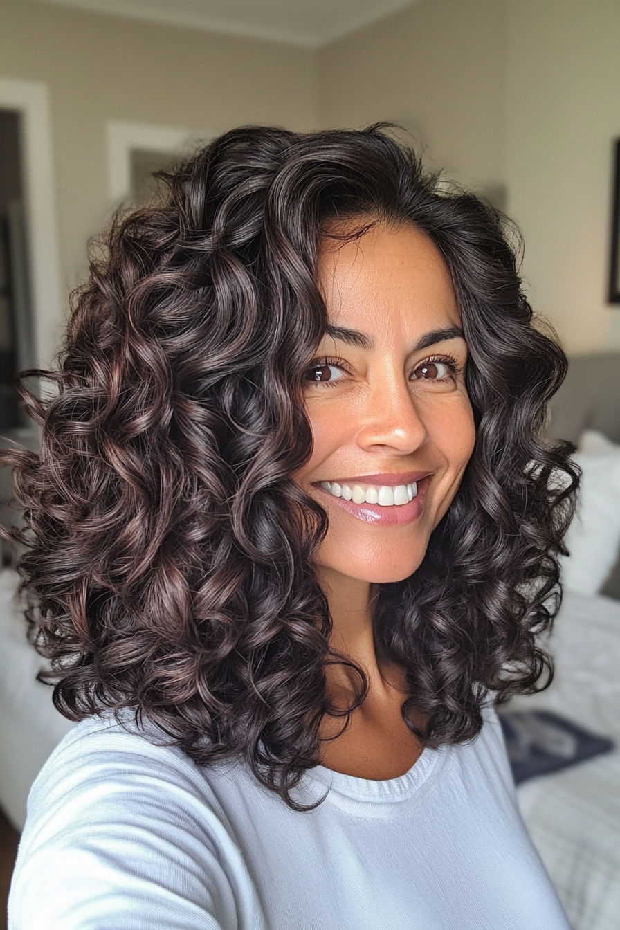 15. Dunkle Mahagoni schulterlange Locken mit tiefen Seitenteil (Haarschnitte für ältere Frauen mit lockigem Haar) - Haarschnitte für ältere Frauen mit lockigem Haar