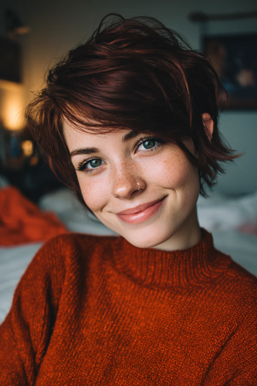 15. Seitlich gescheitelter Pixie aus dunklem Mahagoni (kurze Pixie-Frisuren) – Kurze Pixie-Frisuren