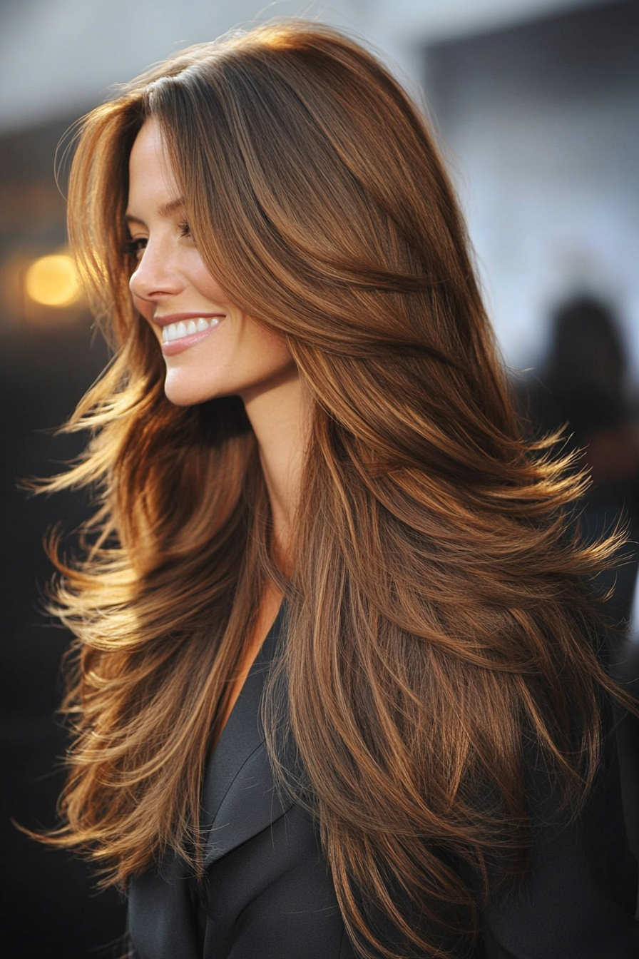 15. Tiefe Kastanienschichtbläen (lang geschichtete Haarschnitte) - lang geschichtete Haarschnitte