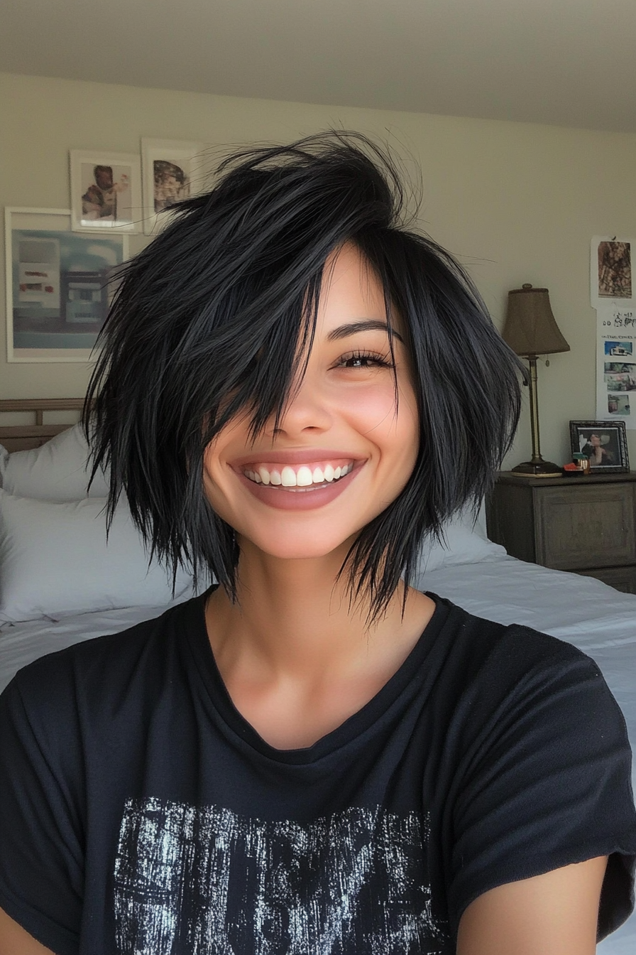 15. nervöser, abgehackter Bob in Natural Black (Bob Haarschnitte für Frauen) - Bob Haarschnitte für Frauen