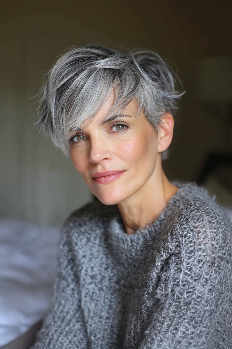 15. Federed Pixie mit Seitenpony in weichem Grau (Haarschnitte für Frauen über 40 mit Pony) - Haarschnitte für Frauen über 40 mit Pony