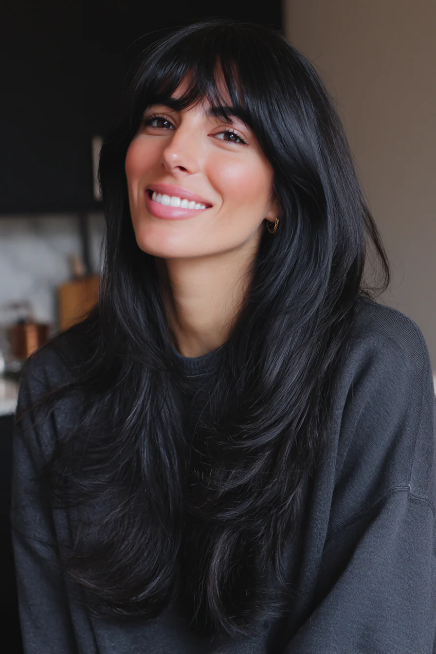 15. Glänzende schwarze lange Schichten mit schwungvollen Curtain Bangs (Curtain Bangs Haircuts) – Curtain Bangs Haircuts