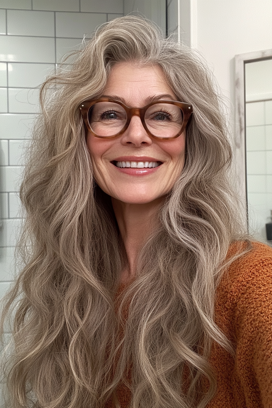15. Haselnuss lange geschnitten mit luftgetrockneter Textur (lange Frisuren für Frauen über 60 mit Brillen) - lange Frisuren für Frauen über 60 mit Brille