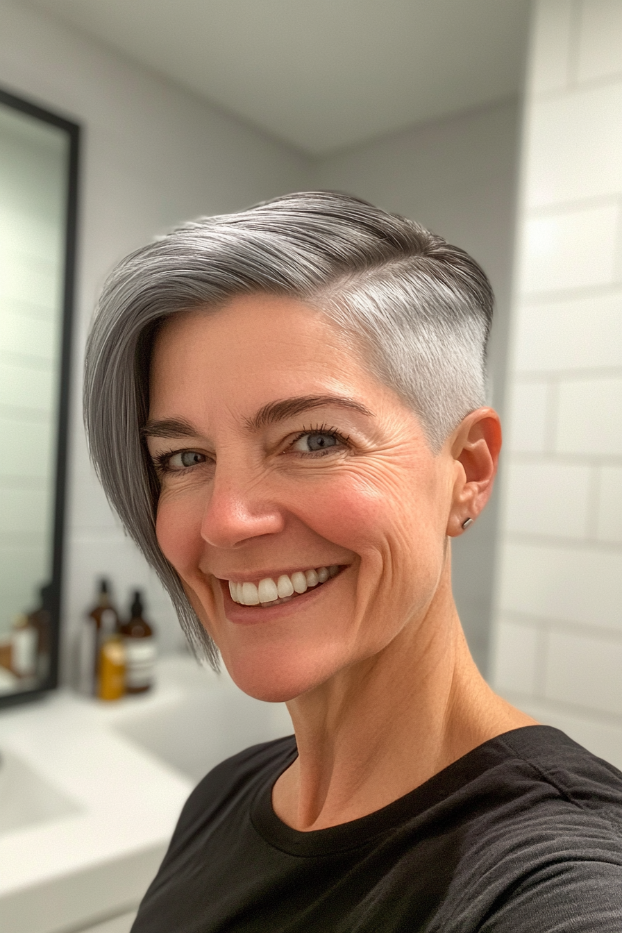 15. eisiges grau schlankes Unterkreisernte (Unterschneidungsfrisuren für Frauen über 50) - Undercut Frisuren für Frauen über 50