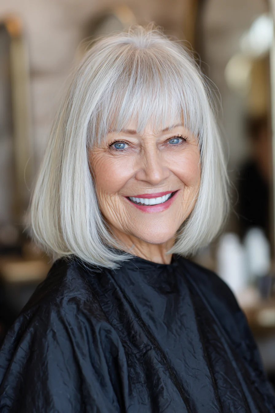 15. Elfenbeinweißer klassischer Schnitt mit Pony (Haarschnitte für Frauen über 50 mit glattem Haar) – Haarschnitte für Frauen über 50 mit glattem Haar