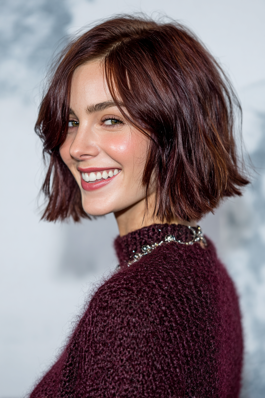 15. Layered Bob mit kühner Burgundermischung (mittelgroße geschichtete Bob -Frisuren) - mittelgroße, geschichtete Bob -Frisuren
