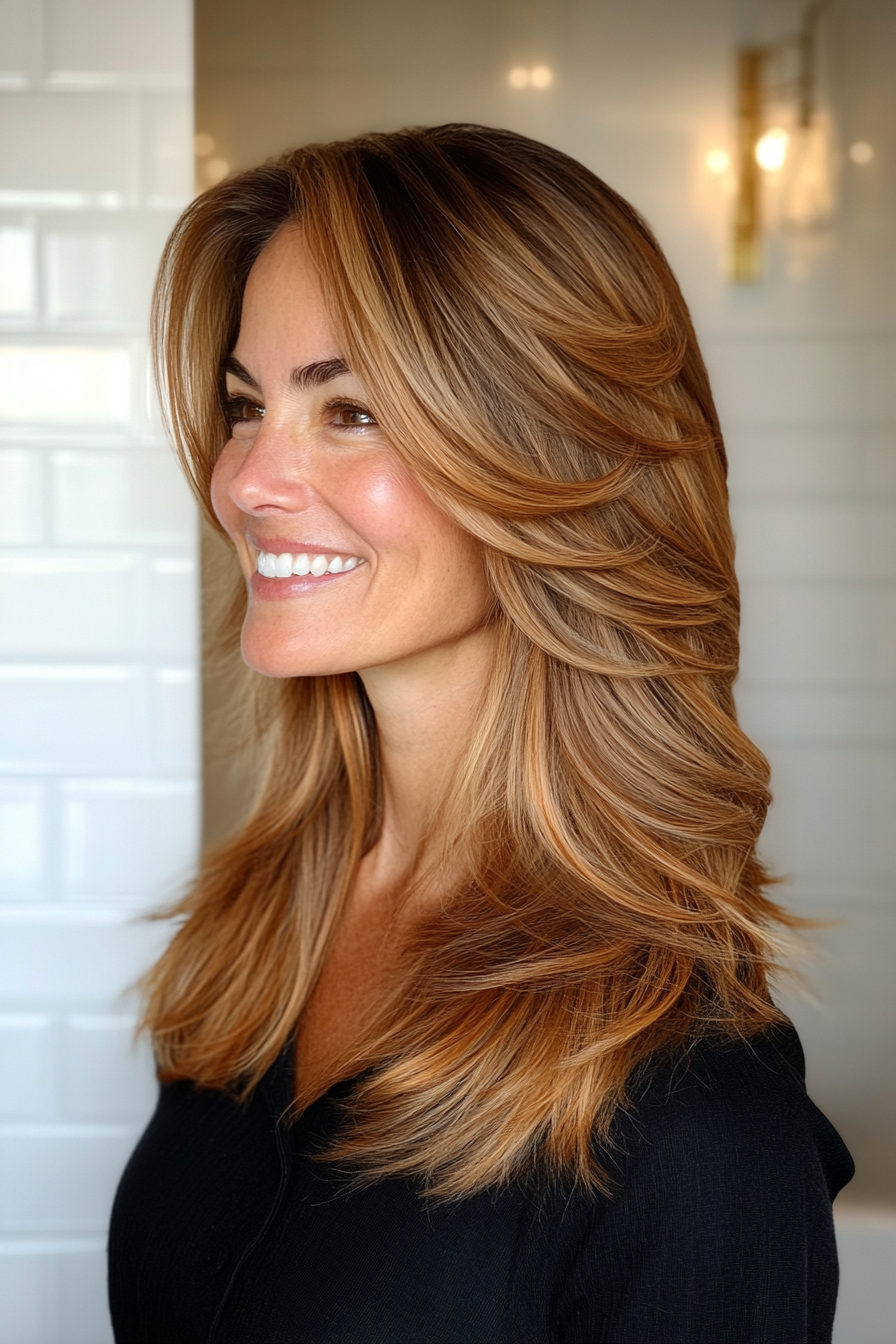 15. Layered Cut mit subtilen Kupferuntertönen (einfache Haarschnitte für Frauen über 40) - einfache Haarschnitte für Frauen über 40