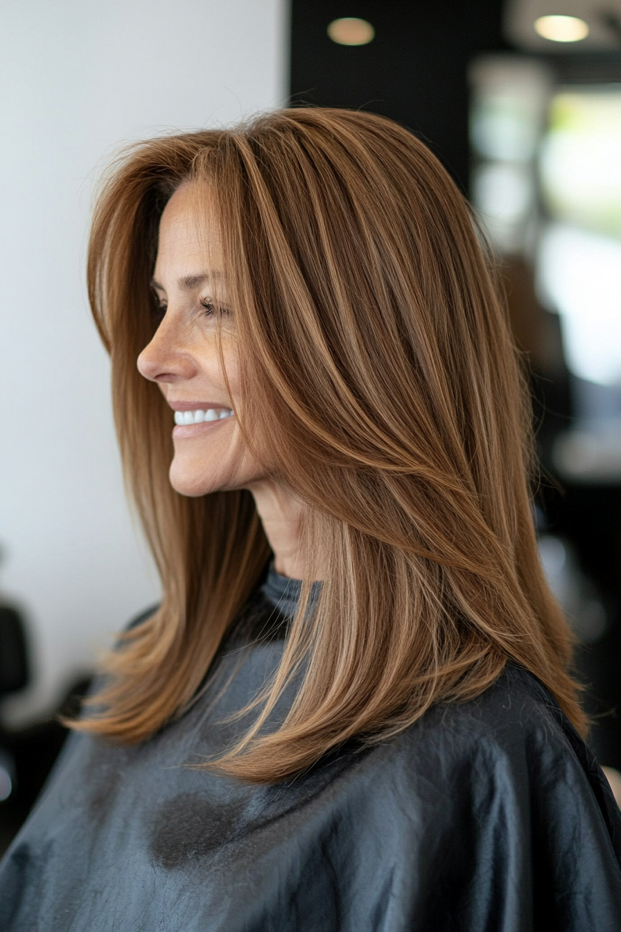 15. Langer gerader Schnitt in Walnussbraun (glatte Frisuren für ältere Frauen) - Straße Frisuren für ältere Frauen