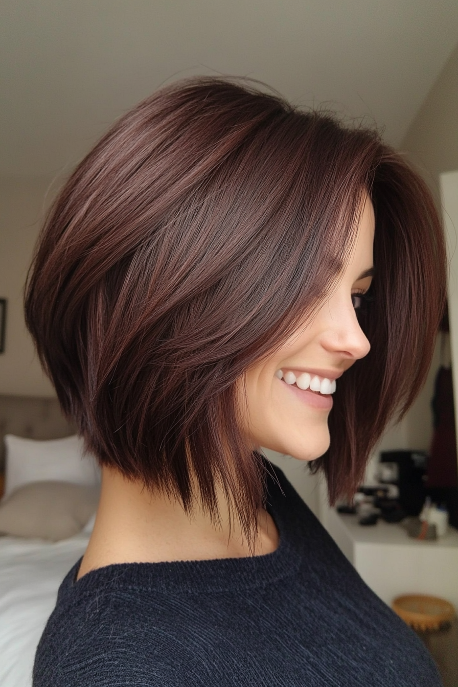 15. Mahagoni -Seitengewehrte Bob (abgewinkelte geschichtete Bob -Haarschnitte) - abgewinkelte, geschichtete Bob -Haarschnitte