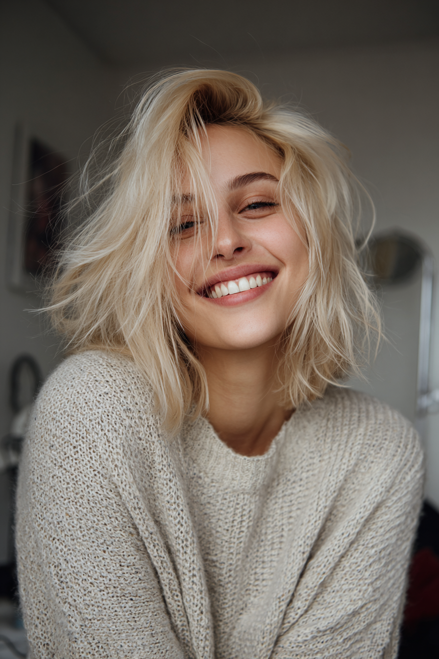 15. Rasiermesser mit mittlerer Länge geschnitten mit Perlenblonde (mittelgroße Haarschnitte für feines Haar) - mittelgroße Haarschnitte für feines Haar