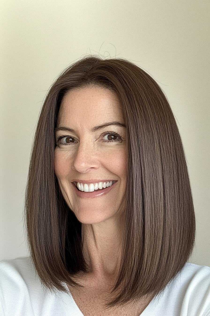 15. mittelgroßer schlanker Schnitt mit kakaobraunem Glanz (Frisuren für Frauen über 60 mit dickem Haar) - Frisuren für Frauen über 60 mit dickem Haar