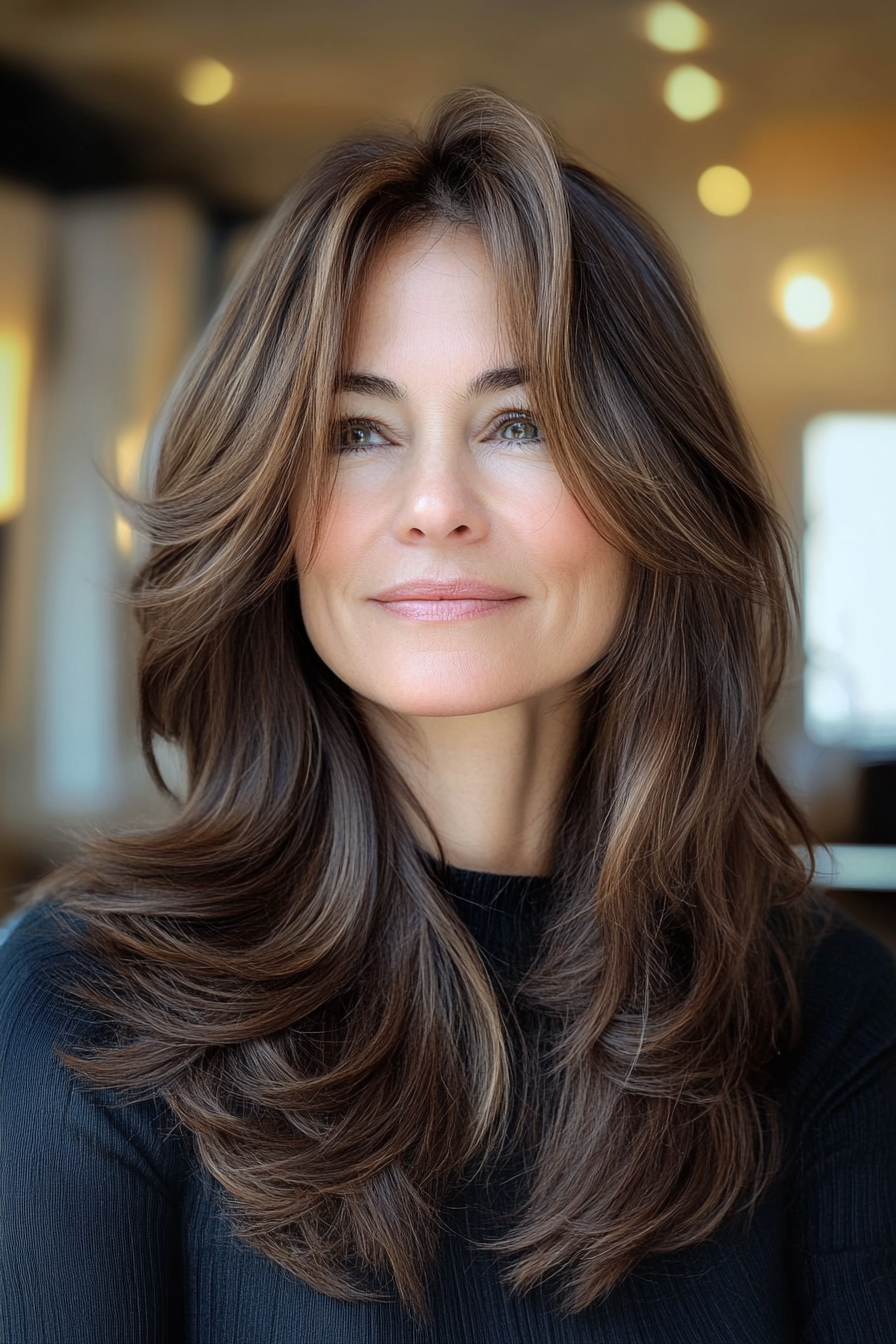 15. Mokka Brown mit mittlerer Länge Schichten (Haarschnittideen für Frauen über 60) - Haarschnittideen für Frauen über 60