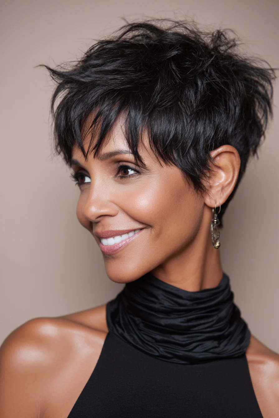 15. Natural Black Wispy Pixie (Pixie-Frisuren für Frauen über 40) – Pixie-Frisuren für Frauen über 40