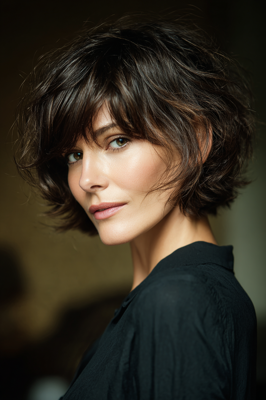 15. Natürlicher dunkler brünetter französischer Bob (kurze Frisuren für Frauen über 50 mit dickem, gewelltem Haar) – Kurze Frisuren für Frauen über 50 mit dickem, gewelltem Haar