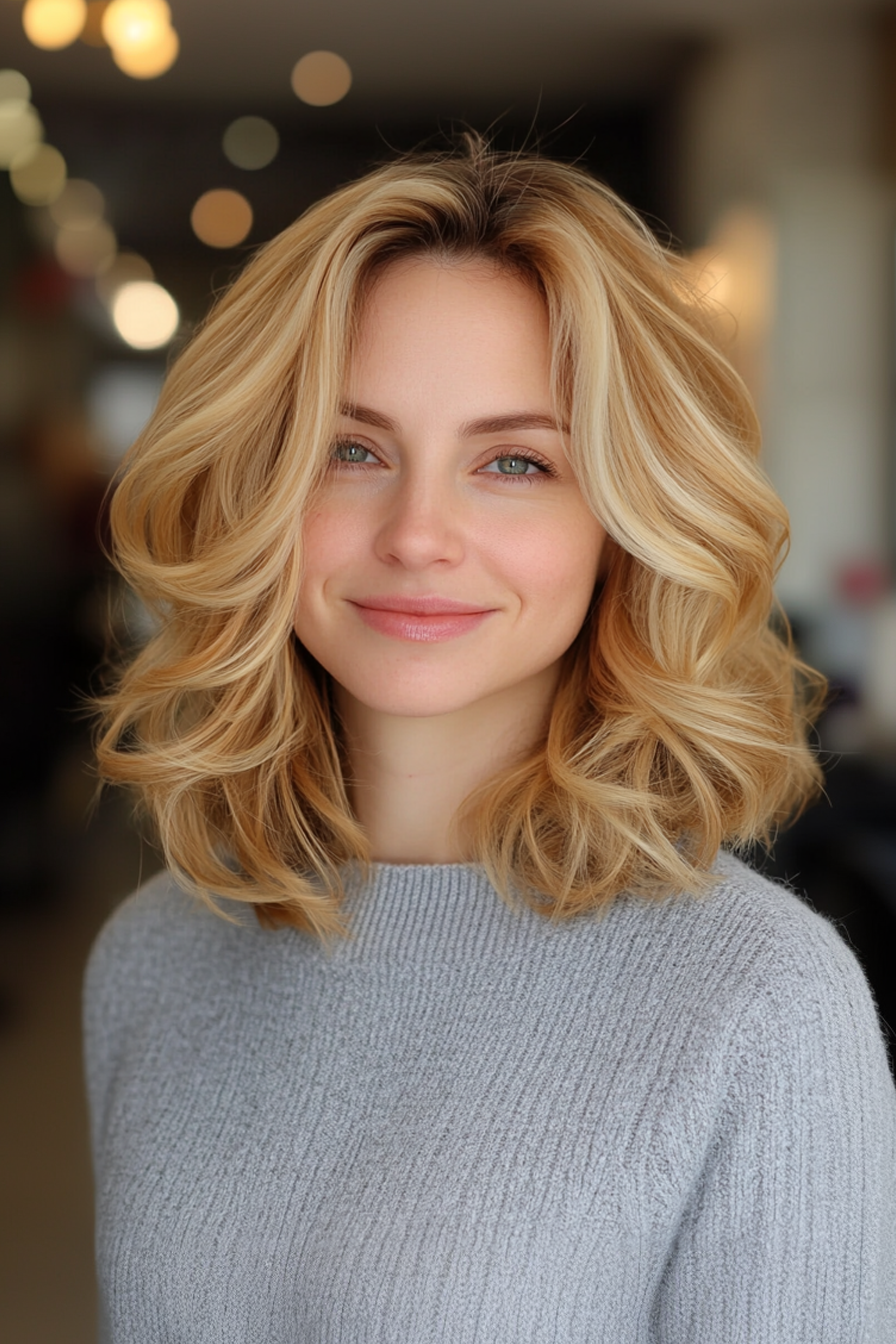 15. Retro -inspiriertes Flip in Butterscotch Blonde (Hackerchen mit Trottel Länge) - Hackerlänge Colarbone Längenhaarschnitte