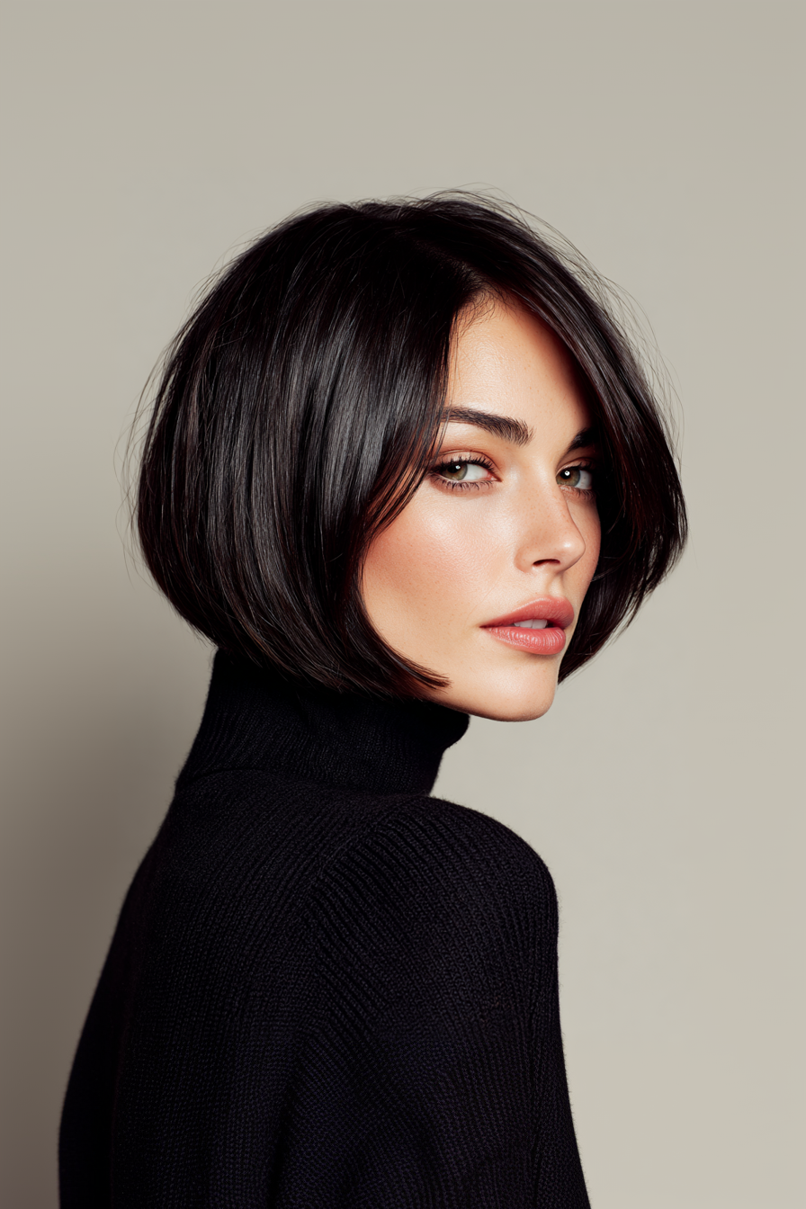 15. Abgerundeter Bob in glänzend schwarz (kurze einfache Frisuren für Frauen über 40) - kurze einfache Frisuren für Frauen über 40