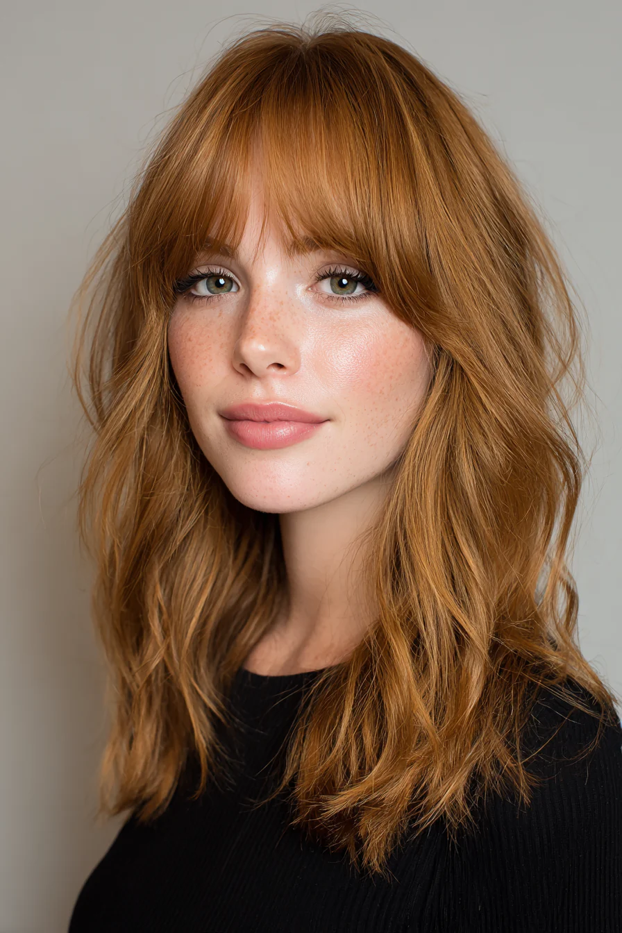 15. Abgerundeter mittlerer Schnitt mit gewölbtem Pony in mittlerem Goldbraun (mittellange Frisuren mit Pony) – Mittellange Frisuren mit Pony