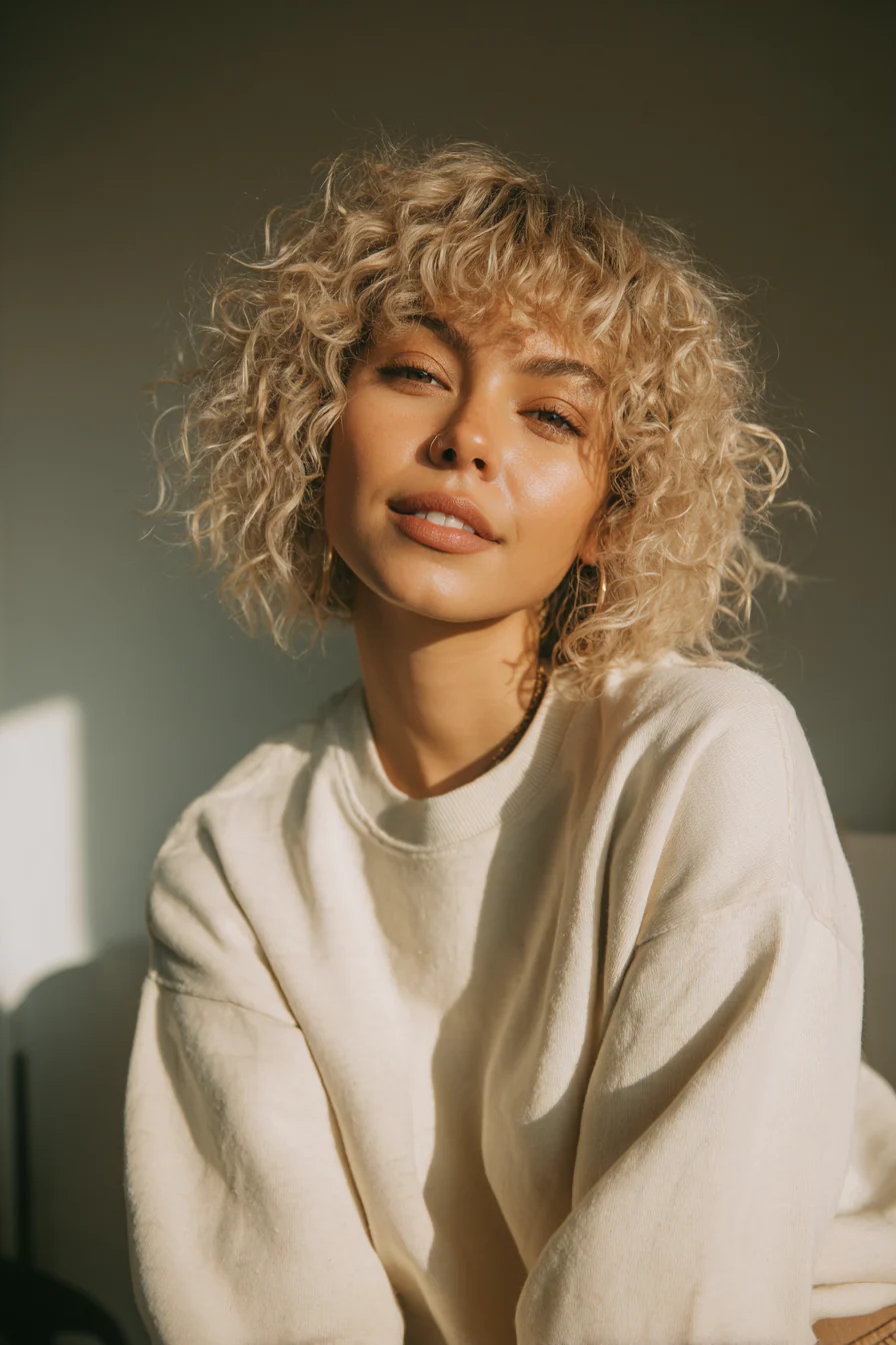 15. Kurzer lockiger beige-blonder stumpfer Schnitt (kurze lockige Frisuren) – Kurze lockige Frisuren