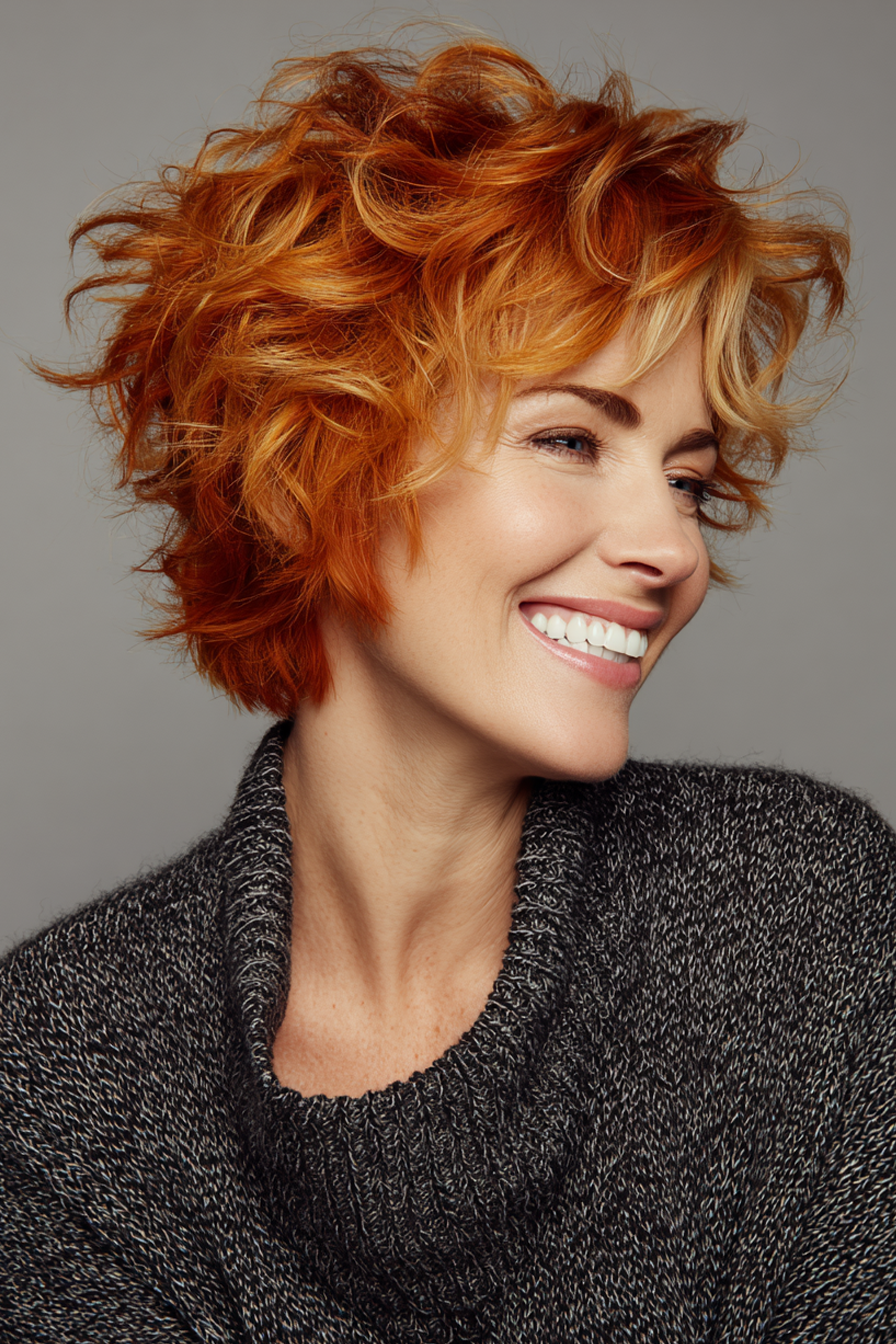 15. Kurzwelliger Shag in Kupfer (kurze Frisuren für Frauen über 50 mit welligen Haaren) - kurze Frisuren für Frauen über 50 mit welligen Haaren