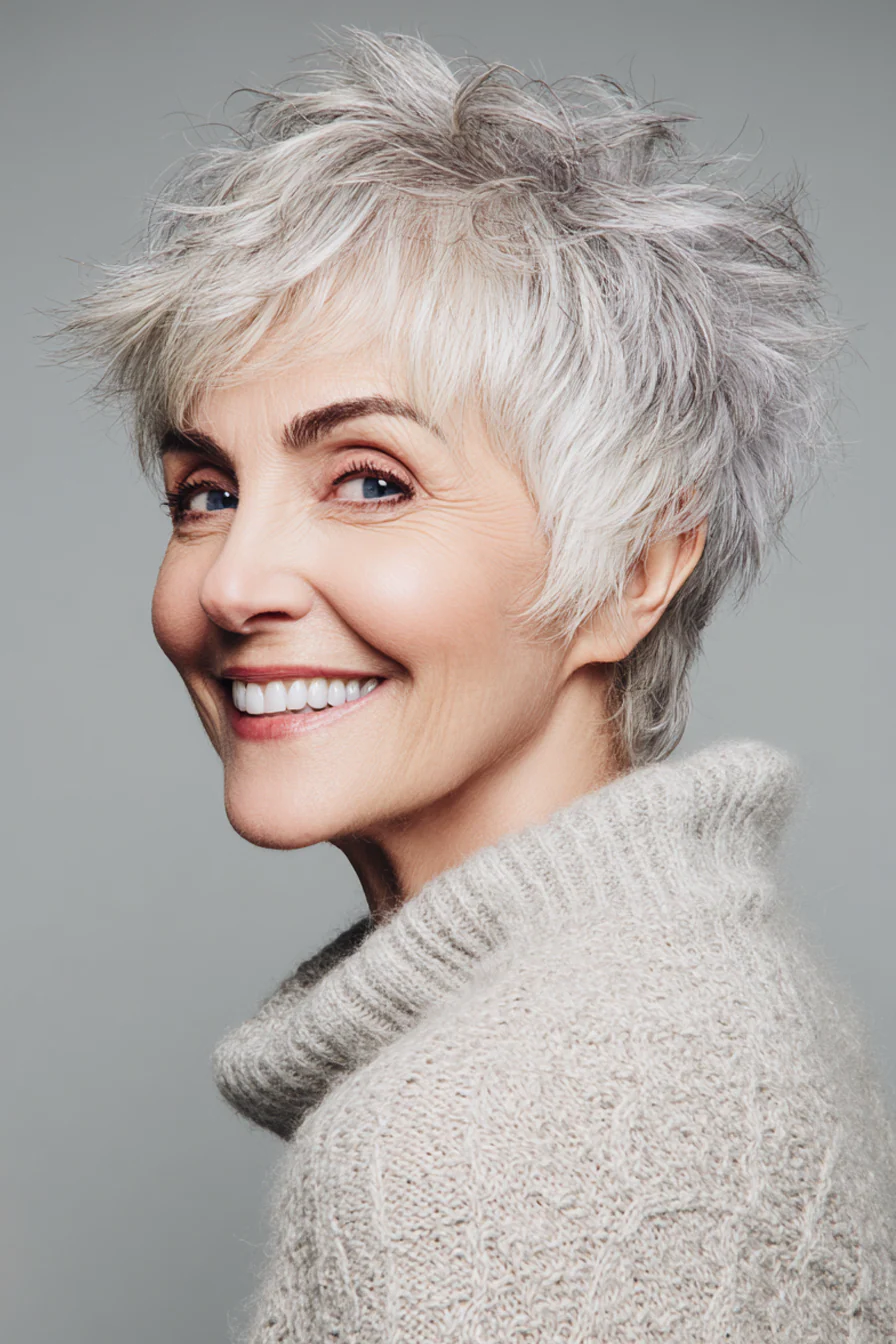 15. Kurzer, dünner Pixie in Opalgrau (Haarschnitte für Frauen über 60 mit schütterem Haar) – Haarschnitte für Frauen über 60 mit schütterem Haar