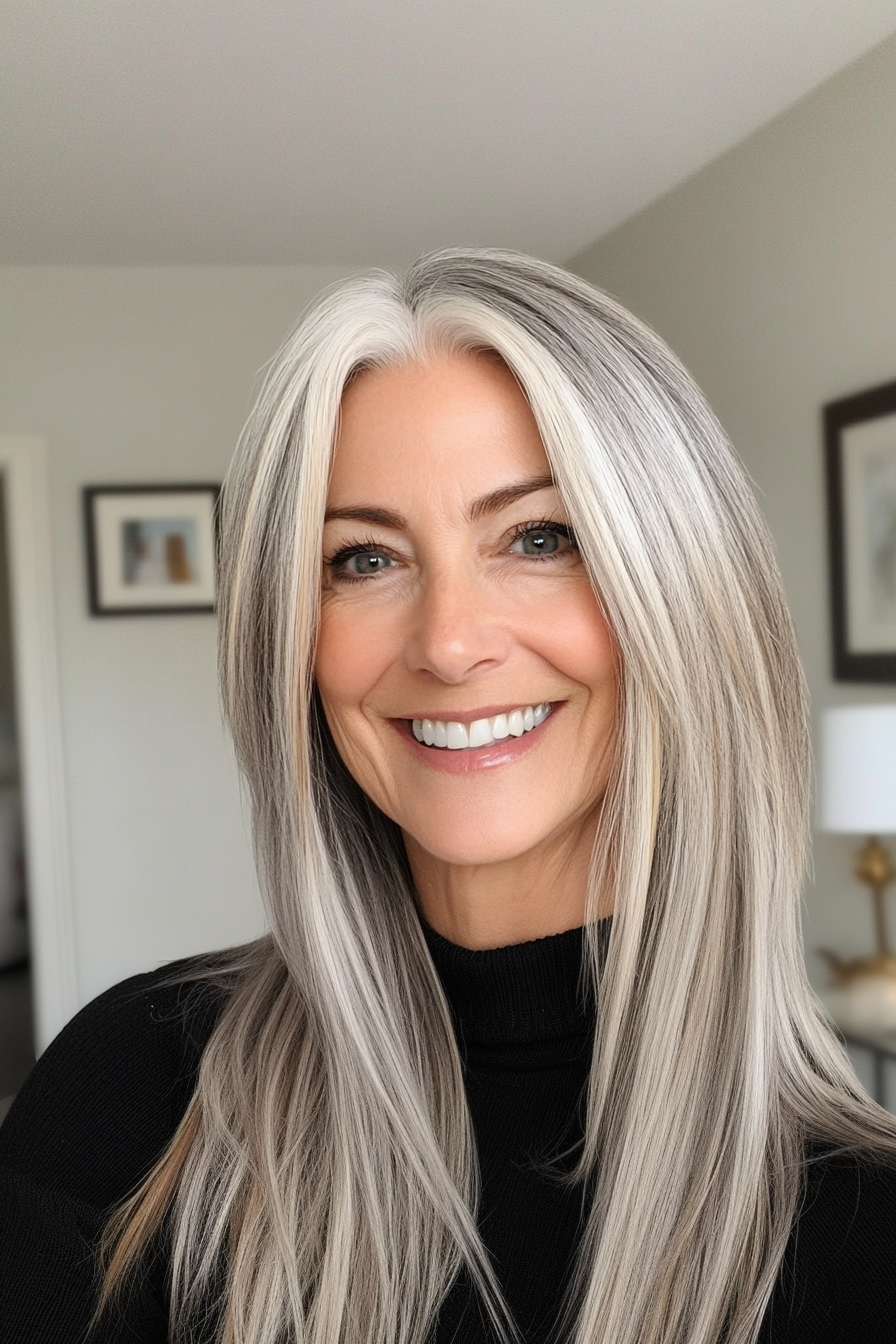 15. Schulterlänge Salz und Pfeffer geschnitten mit sandigen blonden Mischungen (Salz- und Pfefferfrisuren für Frauen über 50) - Salz- und Pfefferfrisuren für Frauen über 50