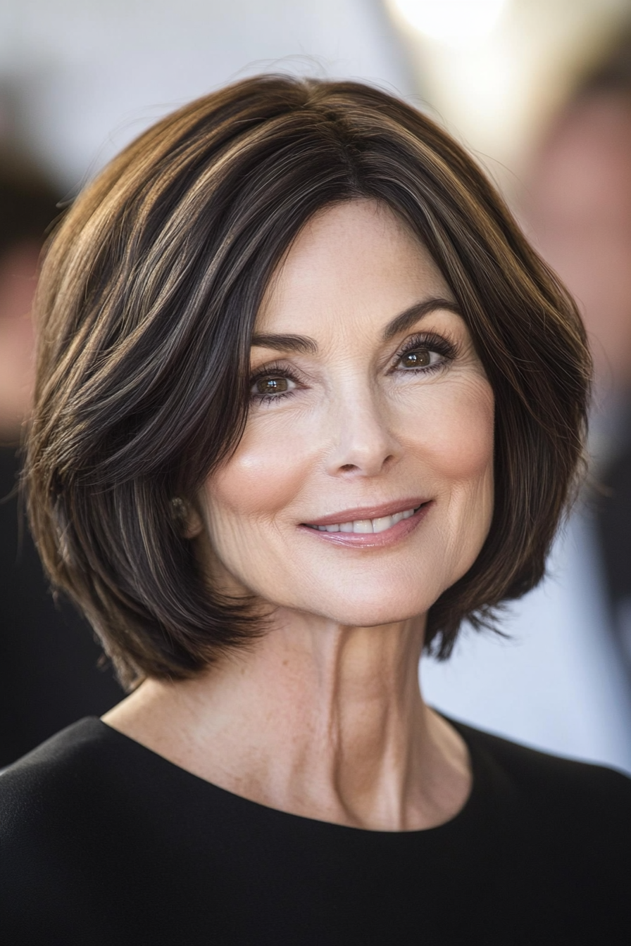 15. Seitenparted Ernte in natürlicher Brünette (mittel- bis kurze Haarschnitte für Frauen über 50) - mittel- bis kurze Haarschnitte für Frauen über 50