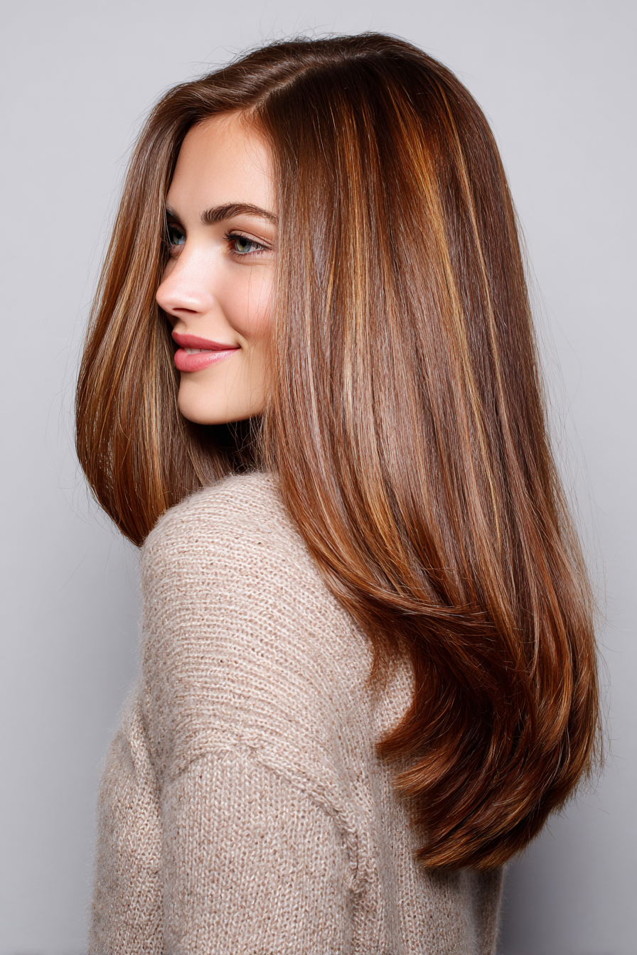 15. seitlich versiegter langer Schnitt mit Kastanienhighlights (lange Haarschnitte für ovales Gesicht) - lange Haarschnitte für ovales Gesicht