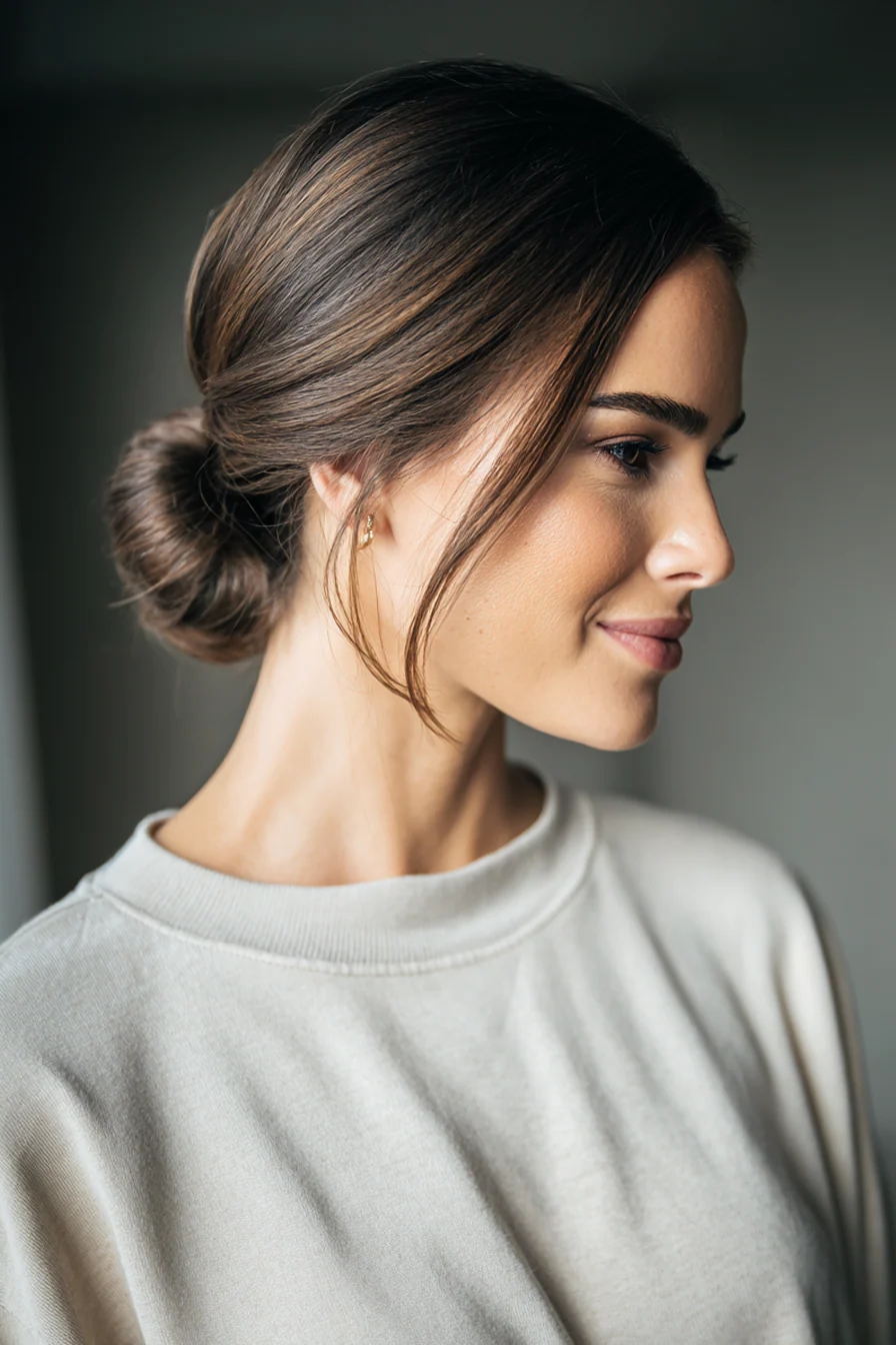 15. Sleek Bun mit Seitenteil in Smoky Brunette (Brautfrisuren) – Brautfrisuren