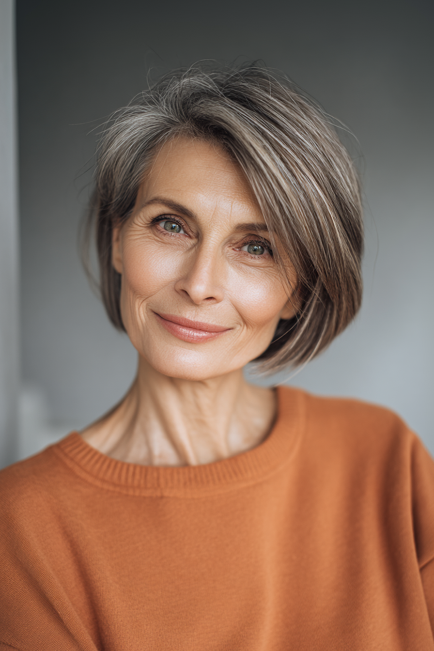 15. Schlanker, seitlicher Bob in weicher Kakao (Sommerfrisuren für Frauen über 50) - Sommerfrisuren für Frauen über 50