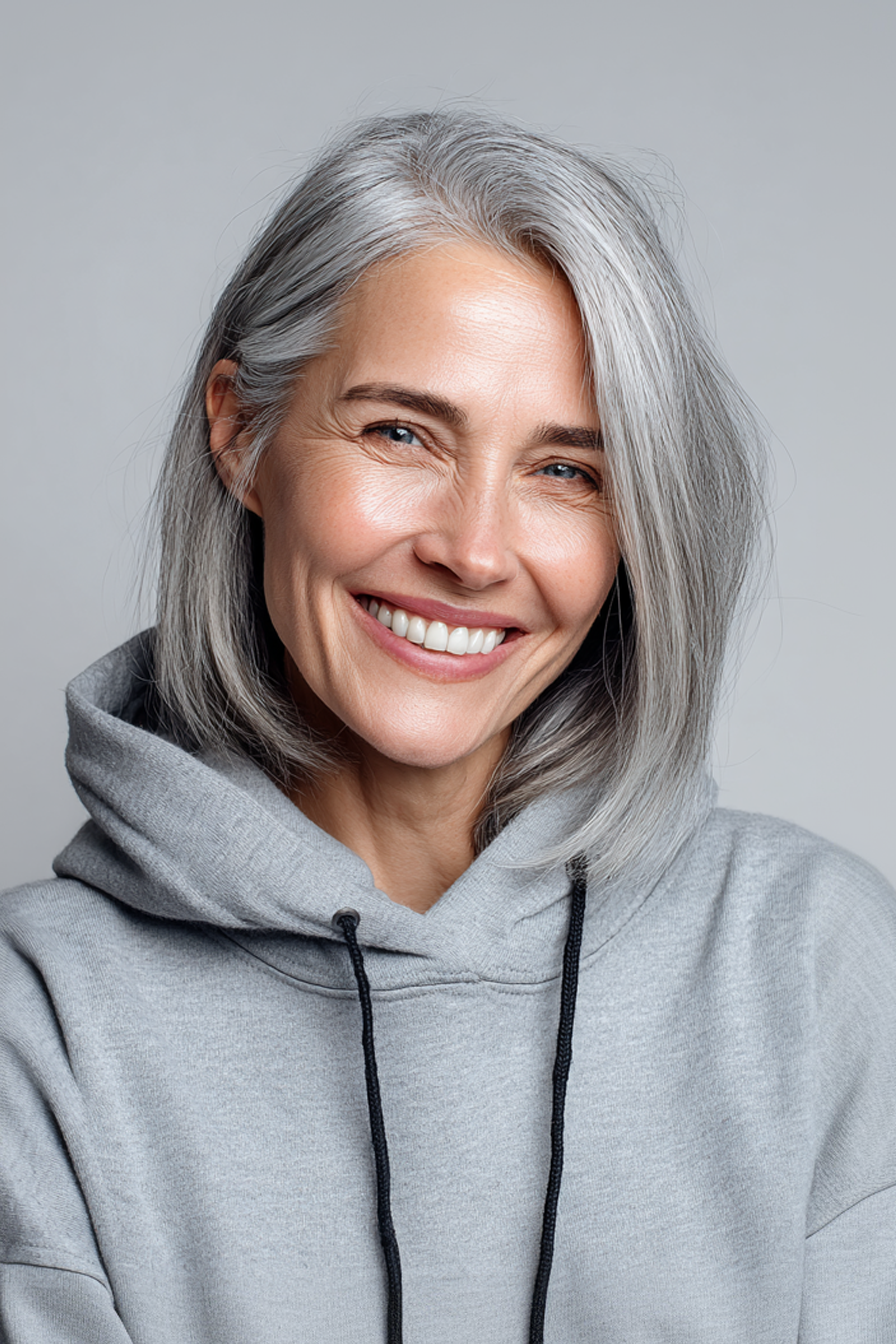 15. eleganter silberner, gerade geschnitten (graue Frisuren für Frauen über 40) - Graue Frisuren für Frauen über 40