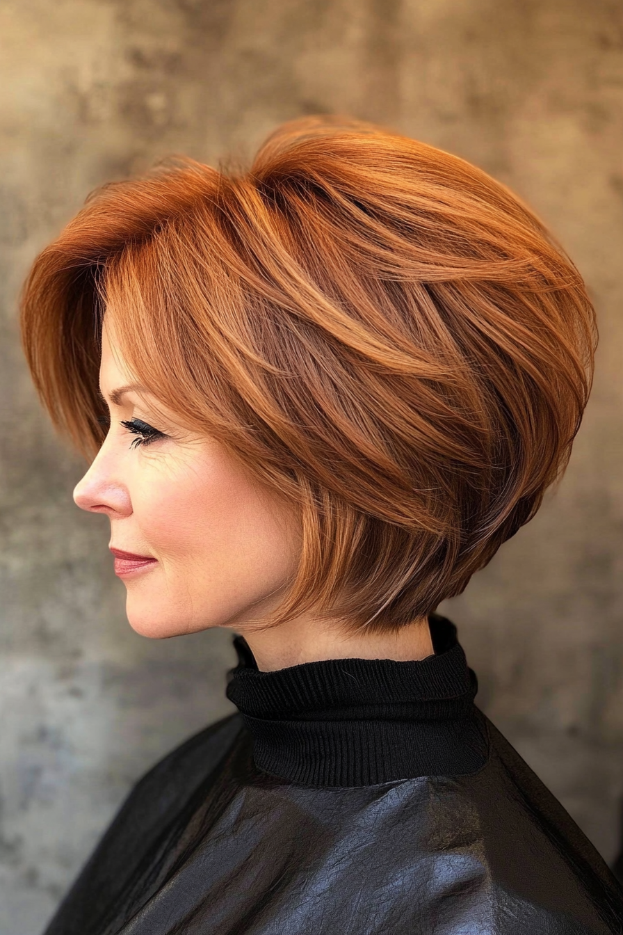15. Weicher Auburn gestapelt Bob (kurze Haarschnitte für Frauen über 60 mit feinem dünnem Haar) - kurze Haarschnitte für Frauen über 60 mit feinem dünnem Haar