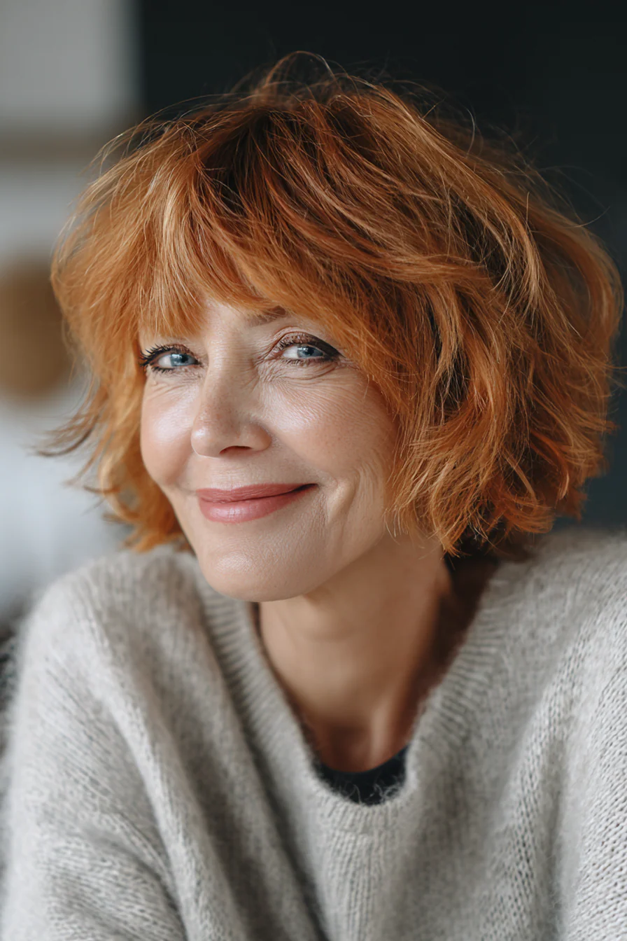 15. Weicher kupferfarbener Shag mit abgerundeten Fransen (kurze zottelige Frisuren für ältere Frauen) – Kurze zottelige Frisuren für ältere Frauen