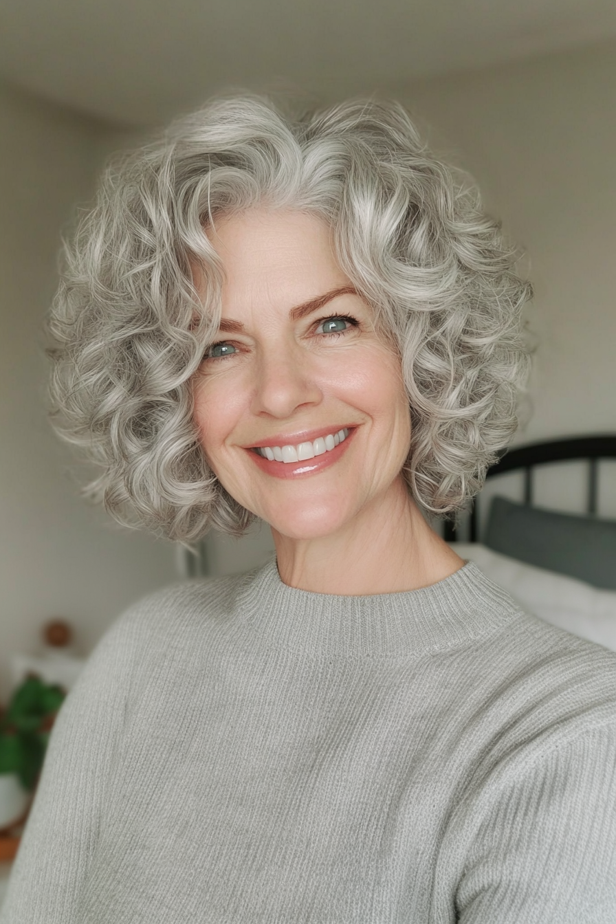 15. Weiche lockige Pixie in eisiger Silberblondine (kurze Haarschnitte für ältere Frauen mit dickem Haar) - kurze Haarschnitte für ältere Frauen mit dickem Haar