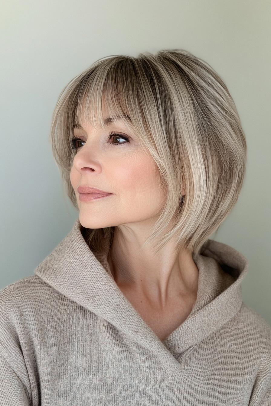 15. Weicher Rasierer geschnitten mit diagonalen Pony in Sandtaupe (Haarschnitte für Frauen über 60 mit Pony) - Haarschnitte für Frauen über 60 mit Pony