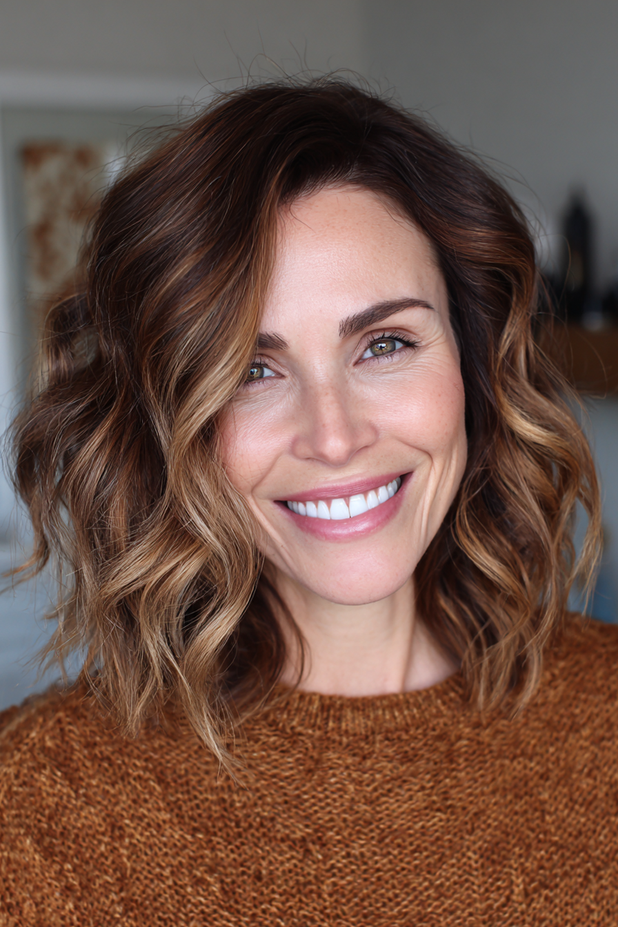 15. Soft Waves Lob – Balayage mit gerösteten Mandeln (mittellange Haarschnitte für Frauen über 50 mit feinem Haar) – Mittellange Haarschnitte für Frauen über 50 mit feinem Haar