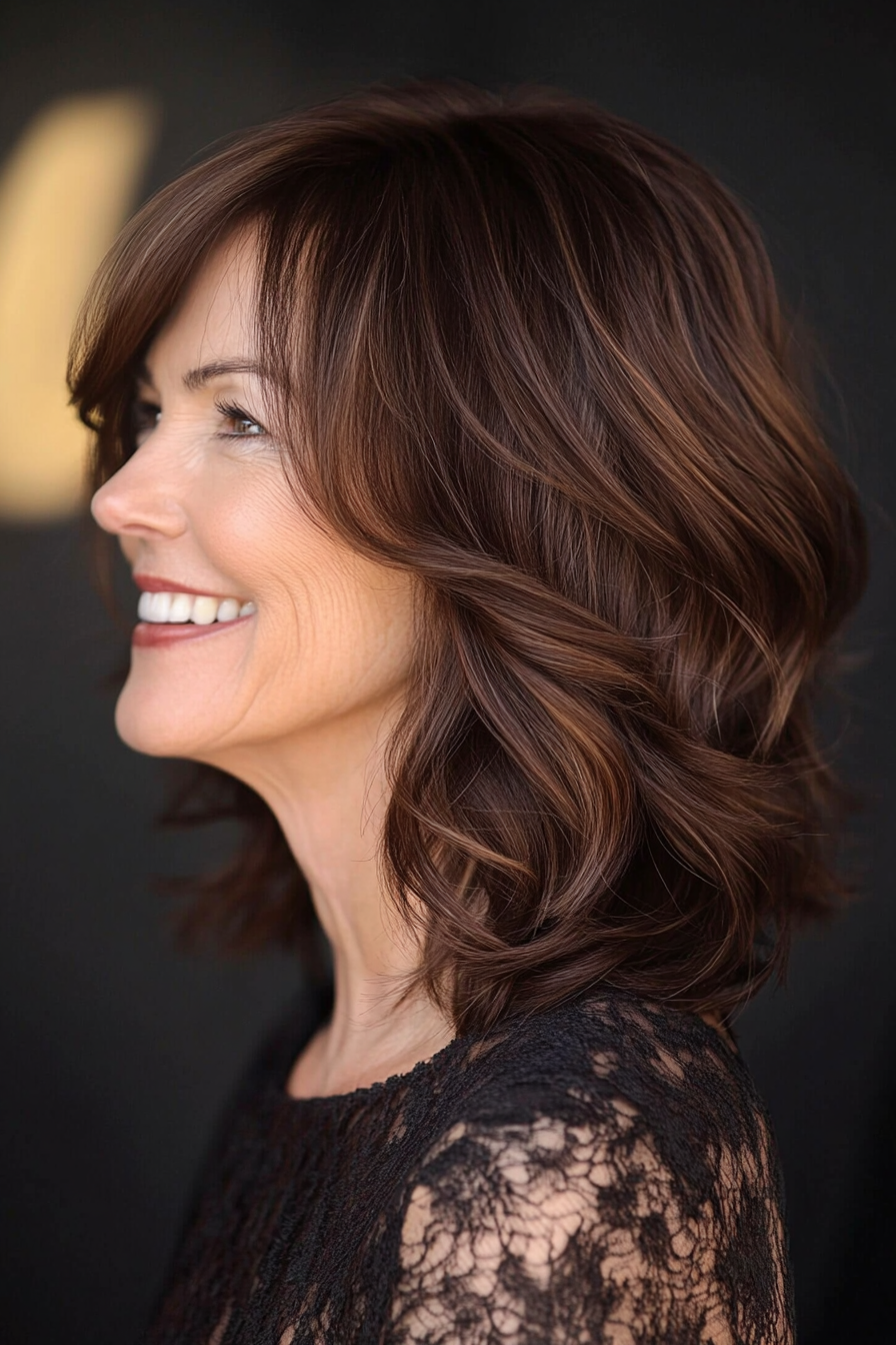 15. Weiche, zerzauste Schichten mit mittlerer Länge in tiefem Schokoladenbraun (Haarschnittideen für Frauen über 50) - Haarschnittideen für Frauen über 50